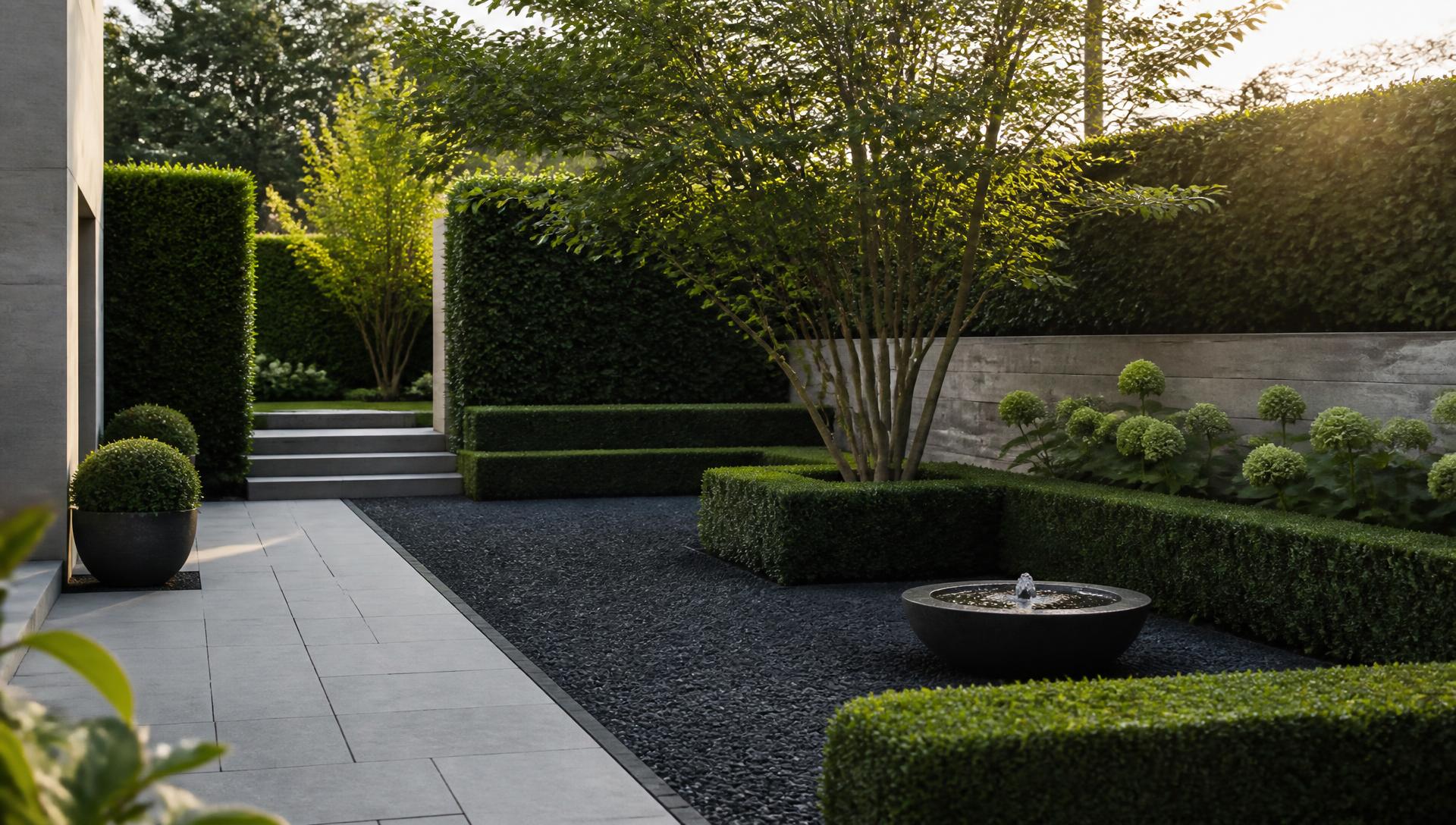Formaler Privatgarten mit geschnittenen Hecken, Granitplatten und Wasserschale
