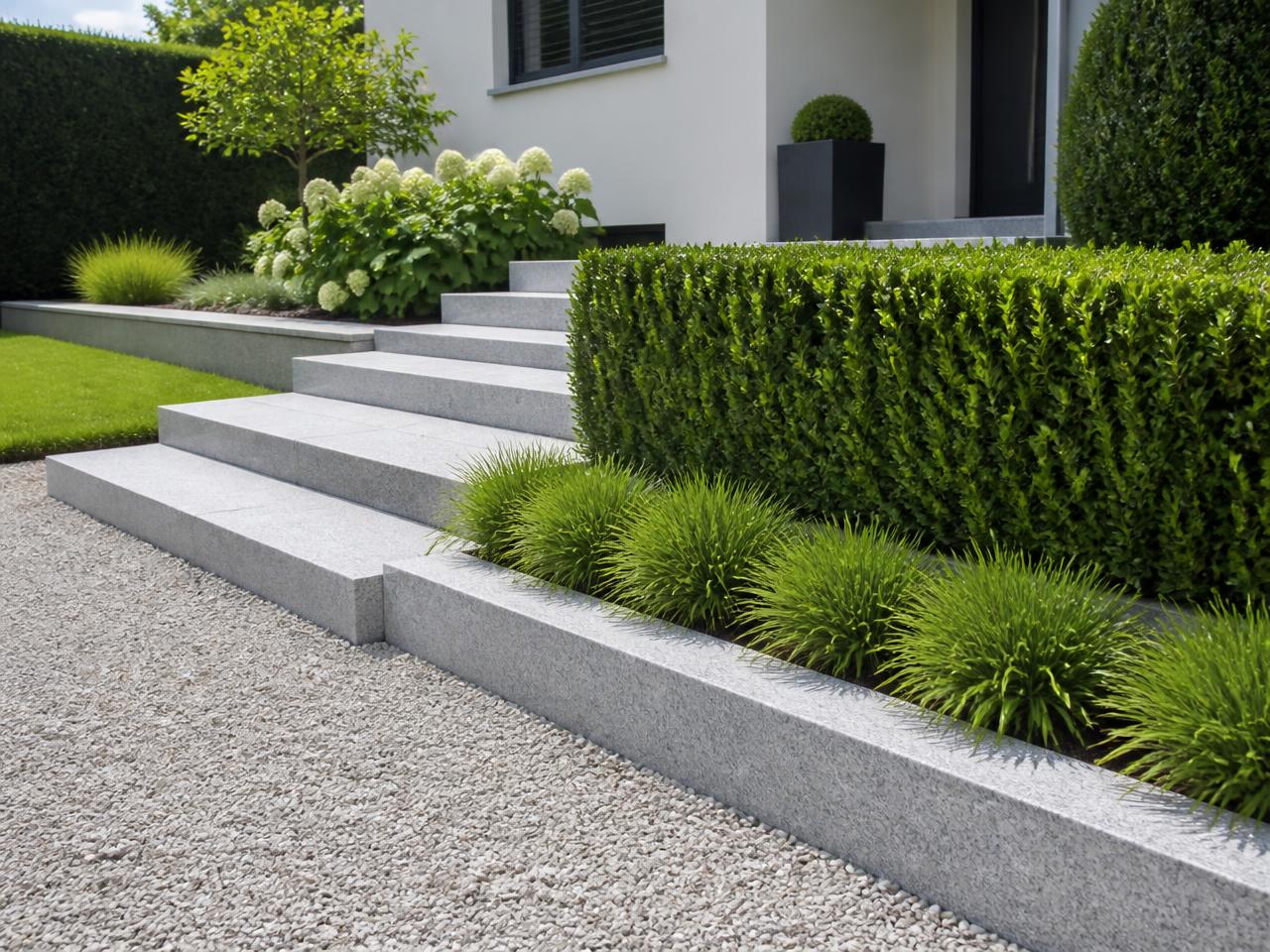 Vorgarten mit Granitstufen, geschnittener Hecke und Kiesfläche